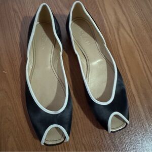 Hogan Women's Black White Satin Peep-Toe Ballet Flats SZ 8 Designer Luxury Work